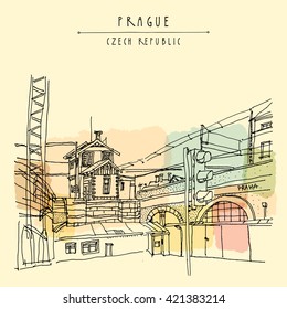 Prague, Czech republic, Europe. Artistic hand drawn illustration of old industrial buildings near bus station. Steam punk postcard or poster template, book illustration in vector