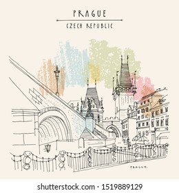 Prague, Czech Republic, Europe. Charles Bridge (Karluv Most). Prague famous landmark. Retro travel sketch. Hand drawn vintage touristic postcard, poster, book illustration. Artistic drawing in vector