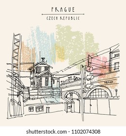 Prague, Czech republic, Europe. Hand drawn artistic illustration of old industrial buildings near bus station. Steam punk postcard template. Grungy drawing industrial greeting card design