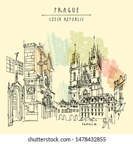 Prague, Czech Republic, Europe. Orloj (The Prague Astronomical Clock) and the Tyn Church. Travel sketch. Hand drawn vintage touristic postcard, poster, book or calendar illustration in vector