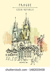 Prague, Czech Republic, Europe. The Tyn Church (Church of Our Lady before Tyn), dominant feature of the Old Town of Prague, Czech Republic. Travel sketch. Hand drawn vintage touristic postcard. Vector