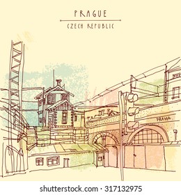 Prague, Czech republic, Europe. Vector hand drawn artistic illustration of old industrial buildings near bus station. Steam punk postcard template. Grungy drawing industrial greeting card design