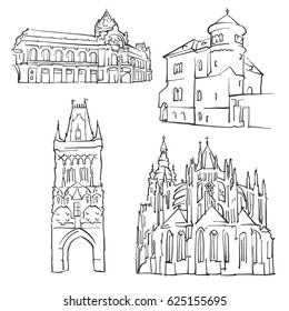 Prague Czech Republic Famous Buildings, Monochrome Outlined Travel Landmarks, Scalable Vector Illustration