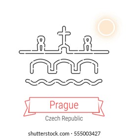 Prague (Czech Republic) flat style thin line icon with an inscription on a ribbon banner with the sun in the background. Prague logo, landmark, vector symbol. Charles Bridge pictogram.