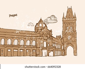 Prague, Czech Republic, Greeting Card, hand drawn image, famous european capital, vintage style, vector Illustration