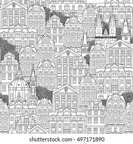 Prague, Czech Republic - hand drawn seamless pattern of houses and cathedrals