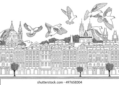 Prague, Czech Republic - hand drawn black and white cityscape with birds