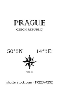 Praga, República Checa - inscripción con el nombre de la ciudad, el país y las coordenadas geográficas de la ciudad. Icono de brújula. Concepto en blanco y negro para un afiche, fondo, tarjeta, textiles