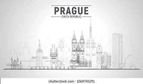 Prague ( Czech Republic ) line city skyline in white background. Vector Illustration. Business travel and tourism concept with modern buildings. Image for banner or web site.