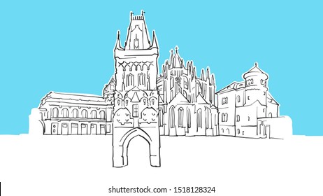 Prague Czech Republic Lineart Vector Sketch. and Drawn Illustration on blue background.