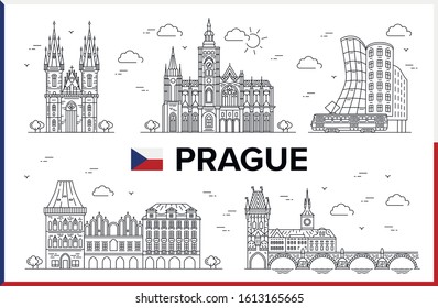 Prague, Czech Republic. Old Town Square, Charles Bridge, Church of Mother of God (Our Lady) before Tyn, St. Vitus Cathedral, Dancing House, buildings and city sights. Vector illustration