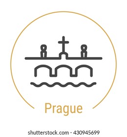 Prague (Czech Republic) outline icon with caption. Prague City logo, landmark, vector symbol. The Charles Bridge over the Vltava river. Illustration of Los Prague isolated on white background.