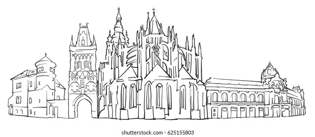 Prague Czech Republic Panorama Sketch, Monochrome Urban Cityscape Vector Artprint