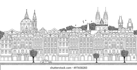 Prague, Czech Republic - seamless banner of the city's skyline, hand drawn black and white illustration