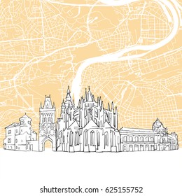 Prague Czech Republic Skyline Map, One Color Scalable Vector Art Print with Urban Cityscape Illustration