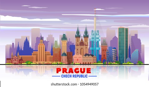 Prague ( Czech Republic ) skyline with panorama in sky background. Vector Illustration. Business travel and tourism concept with modern buildings. Image for banner or web site.