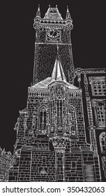 Prague, Czech Republic. St. Nicholas Church Old Town Square in European city, black & white vector sketch hand drawn collection.