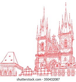 Prague, Czech Republic. St. Nicholas Church Old Town Square in European city, black & white vector sketch hand drawn collection.