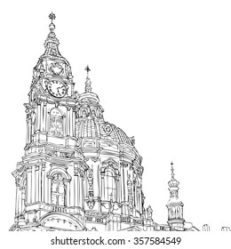 Prague, Czech Republic. St. Nicholas Church Old Town Square in European city, vector sketch hand drawn collection. 