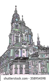 Prague, Czech Republic. St. Nicholas Church Old Town Square in European city, black & white vector sketch hand drawn collection. 