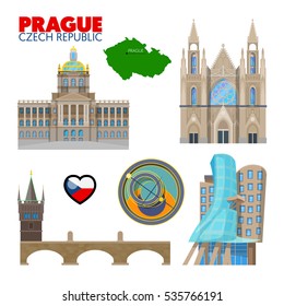 Prague Czech Republic Travel Doodle with Architecture, Charles Bridge and Flag. Vector illustration