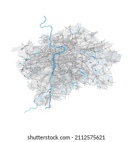 Mapa vectorial de alta resolución de Praga, Praga, Checia, con límites de ciudad y caminos editables. Bordes blancos para las carreteras principales. Muchos caminos detallados. Formas y líneas azules para el agua.