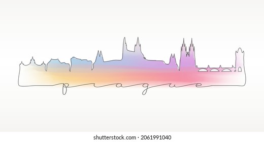 Prague, Czechia Skyline Watercolor City Illustration. Famous Buildings Silhouette Hand Drawn Doodle Art. Vector Landmark Sketch Drawing.