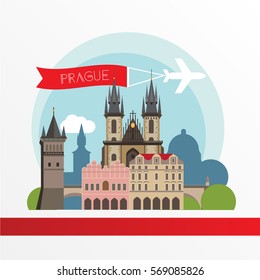 Prague detailed silhouette. Trendy stylish colorful landmarks. The concept for a web banner. The Church of Mother of God before Tyn and the Charles Bridge - The symbol of Chezh Republic