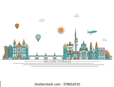 Prague detailed Skyline. Travel and tourism background. Vector background. line illustration. Line art style