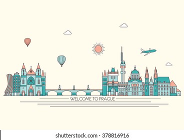 Prague detailed Skyline. Travel and tourism background. Vector background. line illustration. Line art style