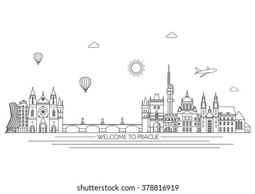 Prague detailed Skyline. Travel and tourism background. Vector background. line illustration. Line art style