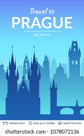 Prague famous city scape. Flat well known silhouettes. Vector illustration easy to edit for flyers or web banners.