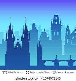 Prague famous city scape. Flat well known silhouettes. Vector illustration easy to edit for flyers or web banners.