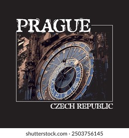 prague famous clock typography graphic print , Abstract fashion drawing and creative design for t-shirts, mugs, graphic tee, sweatshirt, cases, etc. Illustration in modern style for clothes