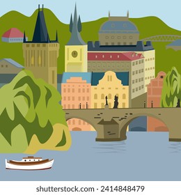 Prague flat cartoon illustration in children style Czech Republic, Europe