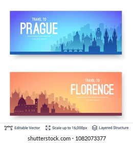 Prague and Florence famous city scapes. Flat well known silhouettes. Vector illustration easy to edit for flyers or web banners.