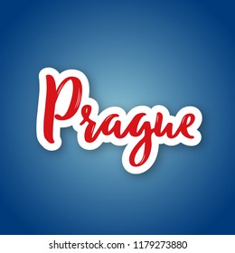 Prague - hand drawn name of Czech capital. Sticker with lettering in paper cut style. Vector illustration.