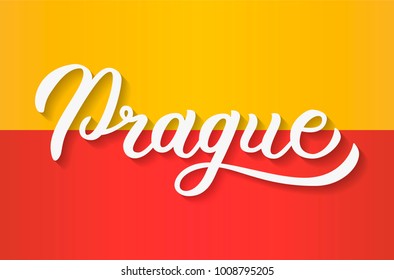 Prague - hand lettering on flag of Prague background. Drawn art sign. Vector illustration.