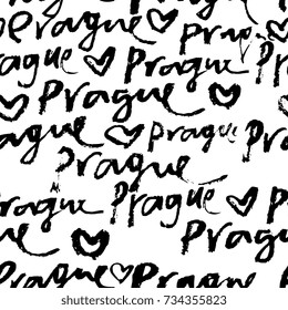 Prague hand-lettering calligraphy seamless pattern. Prague hand drawn vector stock illustration. Modern brush ink. Isolated on white background.