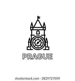 Prague historic tower with astronomical clock dial and small roof flag above the Prague city label as a famous Czech landmark outline icon