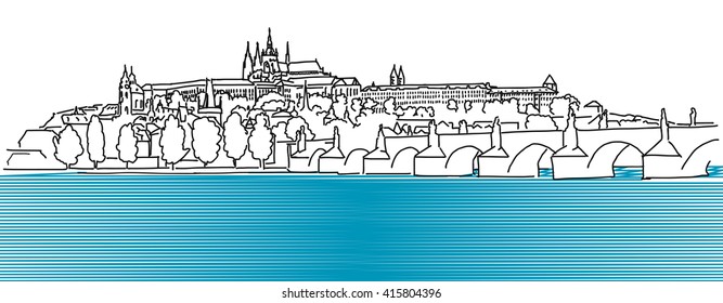 Prague Hradschin Vector Outline Sketch, Hand Drawn Artwork