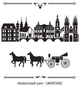 Prague illustration with city landscape silhouette and carriage with horses. Historical part of the European capital is influenced by the Austrian and German gothic architecture.