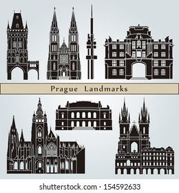 Prague landmarks and monuments isolated on blue background in editable vector file