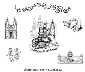 Prague landmarks set. Vector illustration. Czech capital old buildings, castles, traditional food objects, national costume elements. Line logos set