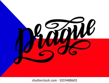 Prague Lettering poster for your design. Creative typography. Hand drawn greeting card with text Prague. Tourism and travel. Czech flag background. Vector illustration.