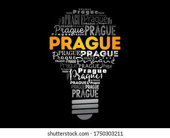 Nube de palabras de la bombilla de Praga, fondo de concepto de viaje