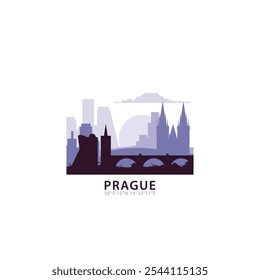 Logotipo de Praga con el horizonte, icono de Vector retro del paisaje urbano. República Checa horizonte de la ciudad, fachada, logotipo de viaje