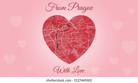 Desde Praga con tarjeta de amor, mapa de la ciudad en forma de corazón. Ilustración vectorial de color rosa y rojo horizontal. Amo el paisaje urbano de viajes.