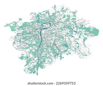 Mapa de Praga. Mapa detallado del área administrativa de la ciudad de Praga. Panorama del paisaje urbano. Ilustración vectorial libre de regalías. Hoja de ruta con autopistas, ríos.