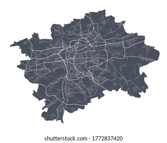 Mapa de Praga. Mapa vectorial detallado del área administrativa de la ciudad de Praga. Afiche oscuro con calles de fondo blanco.